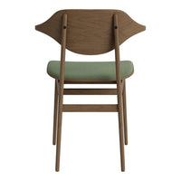 Wooden chair with a light brown finish and a soft green fabric seat, featuring a sleek, modern design.