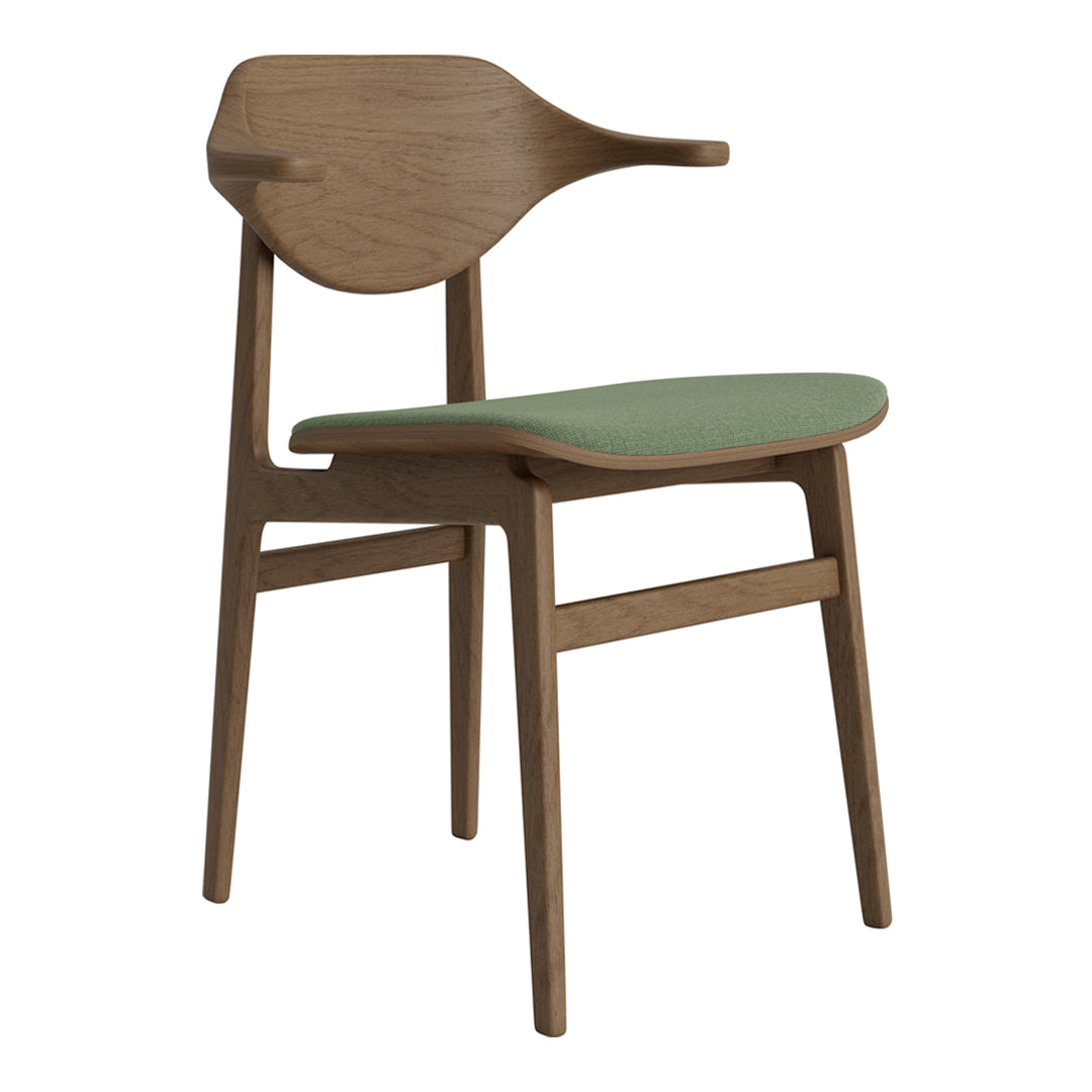 Stylish wooden chair with a rich brown finish and a soft green seat cushion. Modern design with curved lines.