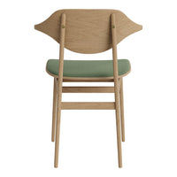Wooden chair with a light oak finish and a soft green patterned seat. Elegant, modern design.