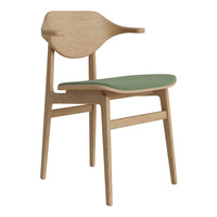 Wooden chair with a natural finish and a soft green fabric seat, featuring a minimalist design.