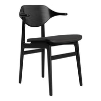 Black wooden chair with a sleek, minimal design and smooth, curved edges, showcasing a modern aesthetic.