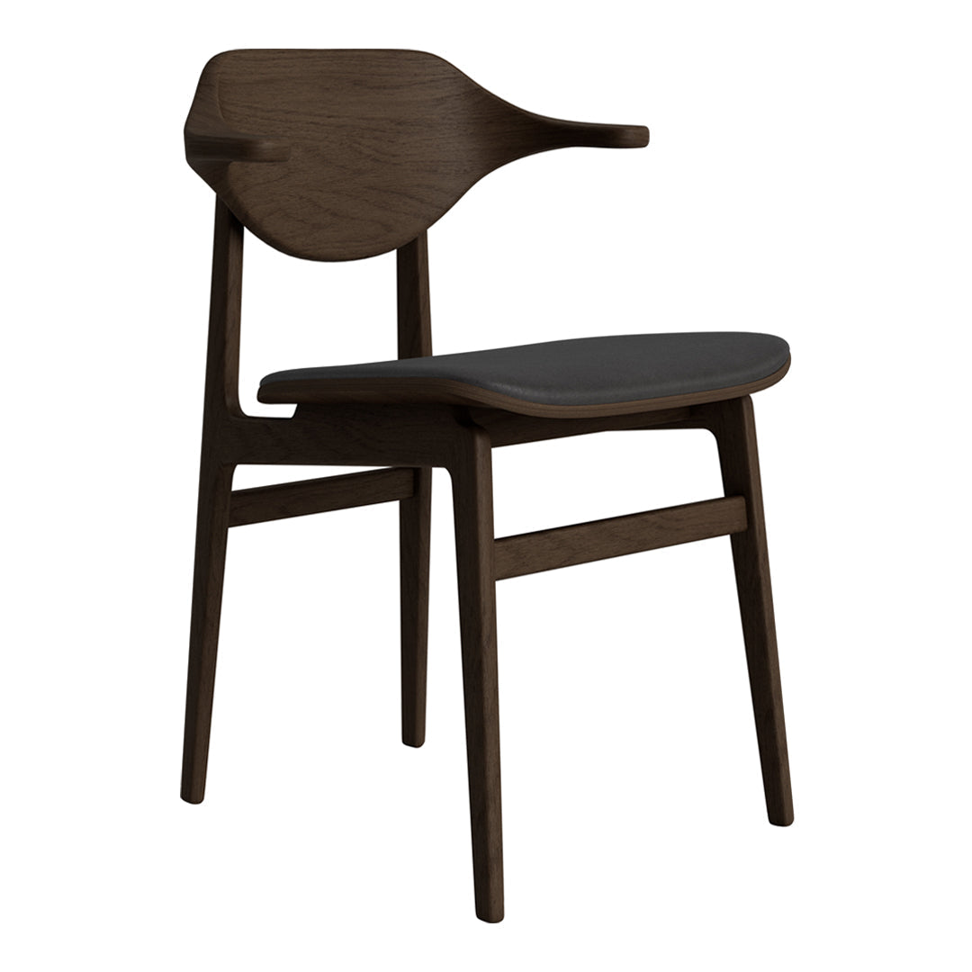 Dark wood dining chair with a smooth black seat and a stylish, minimalist design. Perfect for modern interiors.