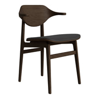Dark wood dining chair with a smooth black seat and a stylish, minimalist design. Perfect for modern interiors.