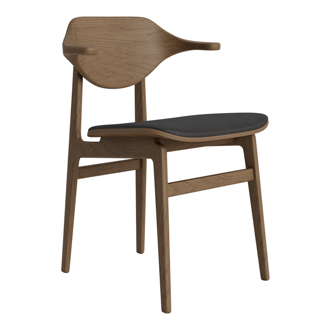 Stylish wooden chair with a natural oak finish and a sleek black seat for a modern look.