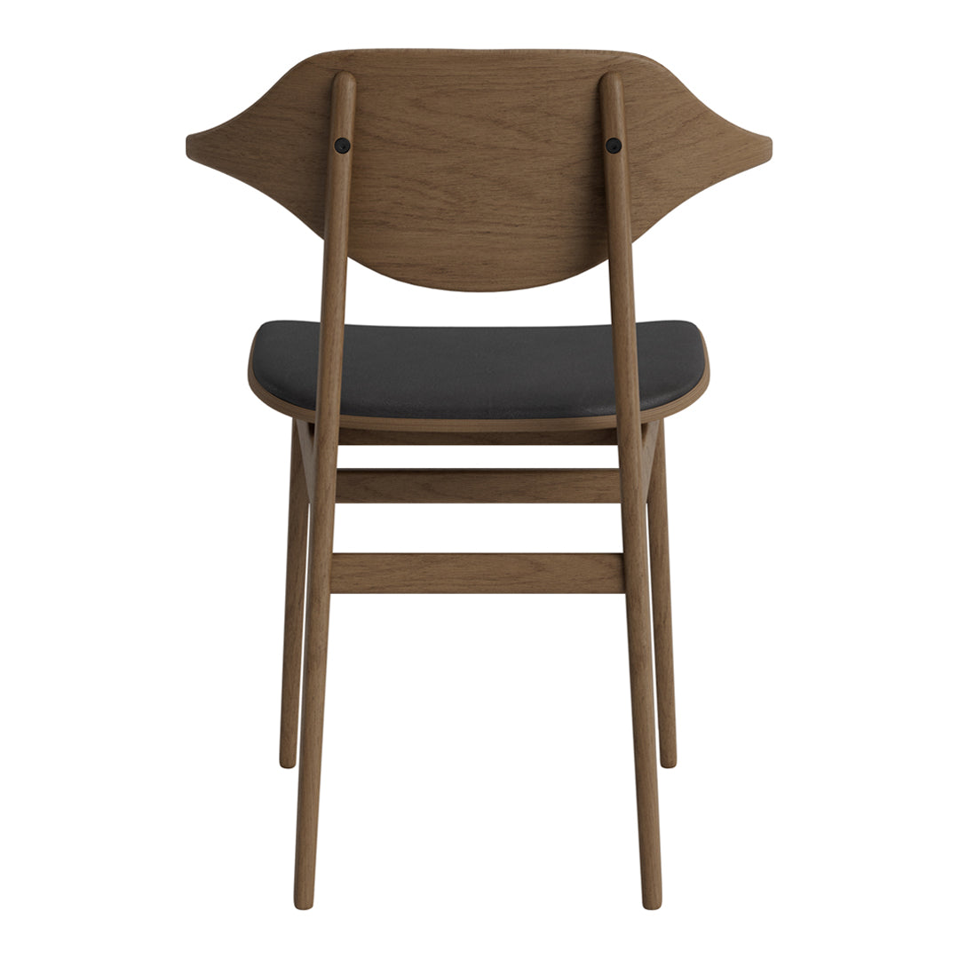 Wooden chair with a warm brown finish and a sleek black seat, featuring a minimalist design.