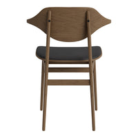 Wooden chair with a warm brown finish and a sleek black seat, featuring a minimalist design.