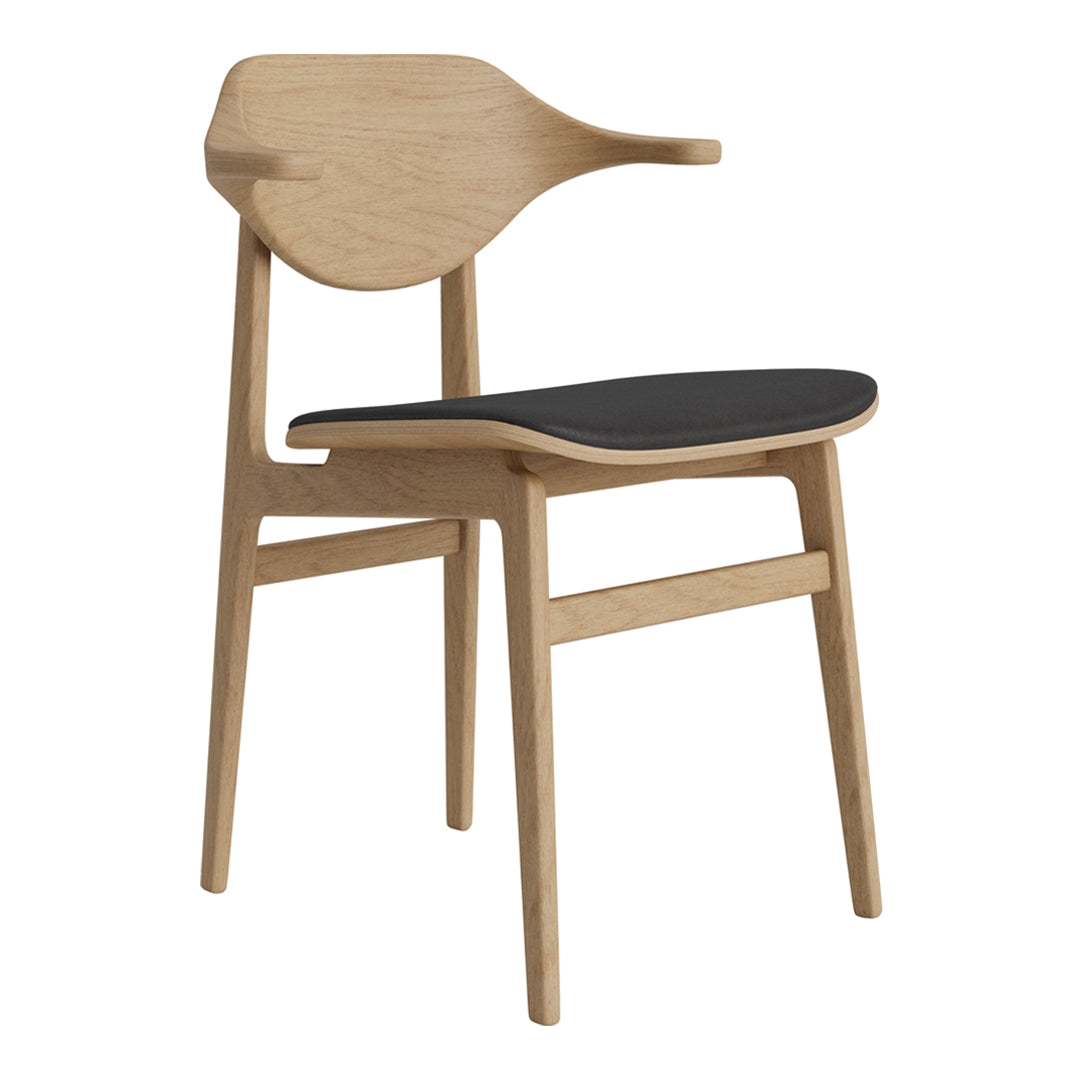Light oak chair with a sleek black seat, featuring smooth lines and minimalistic design. Perfect for modern decor.