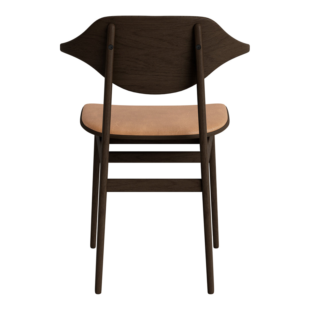 Brown wooden chair with a light tan seat, featuring smooth, minimalist design and subtle curved backrest pattern.