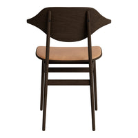 Brown wooden chair with a light tan seat, featuring smooth, minimalist design and subtle curved backrest pattern.