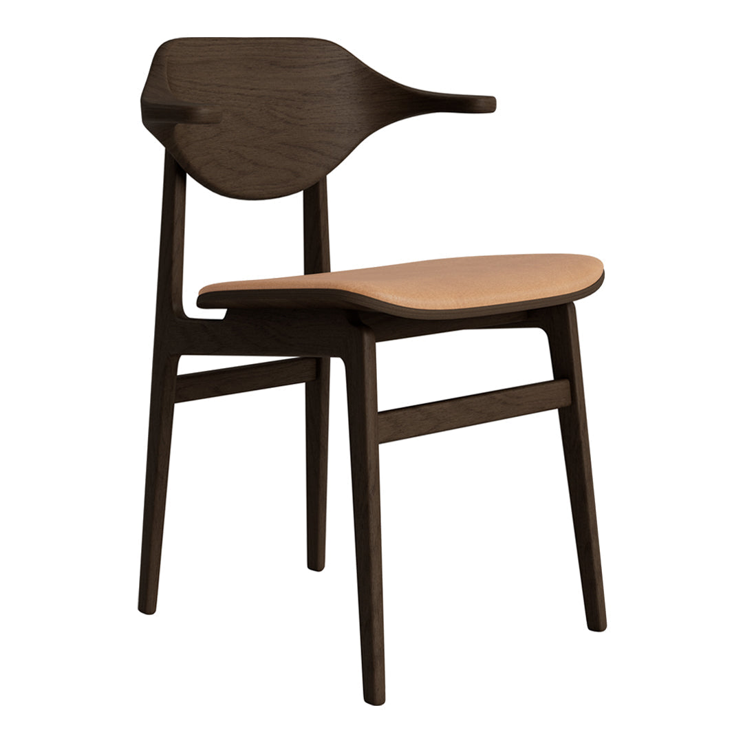 Dark wood chair with a smooth light brown seat, featuring a minimalist design and elegant curves.