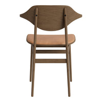 Brown wooden chair with a minimalist design and a light tan seat, showcasing a smooth, natural finish.