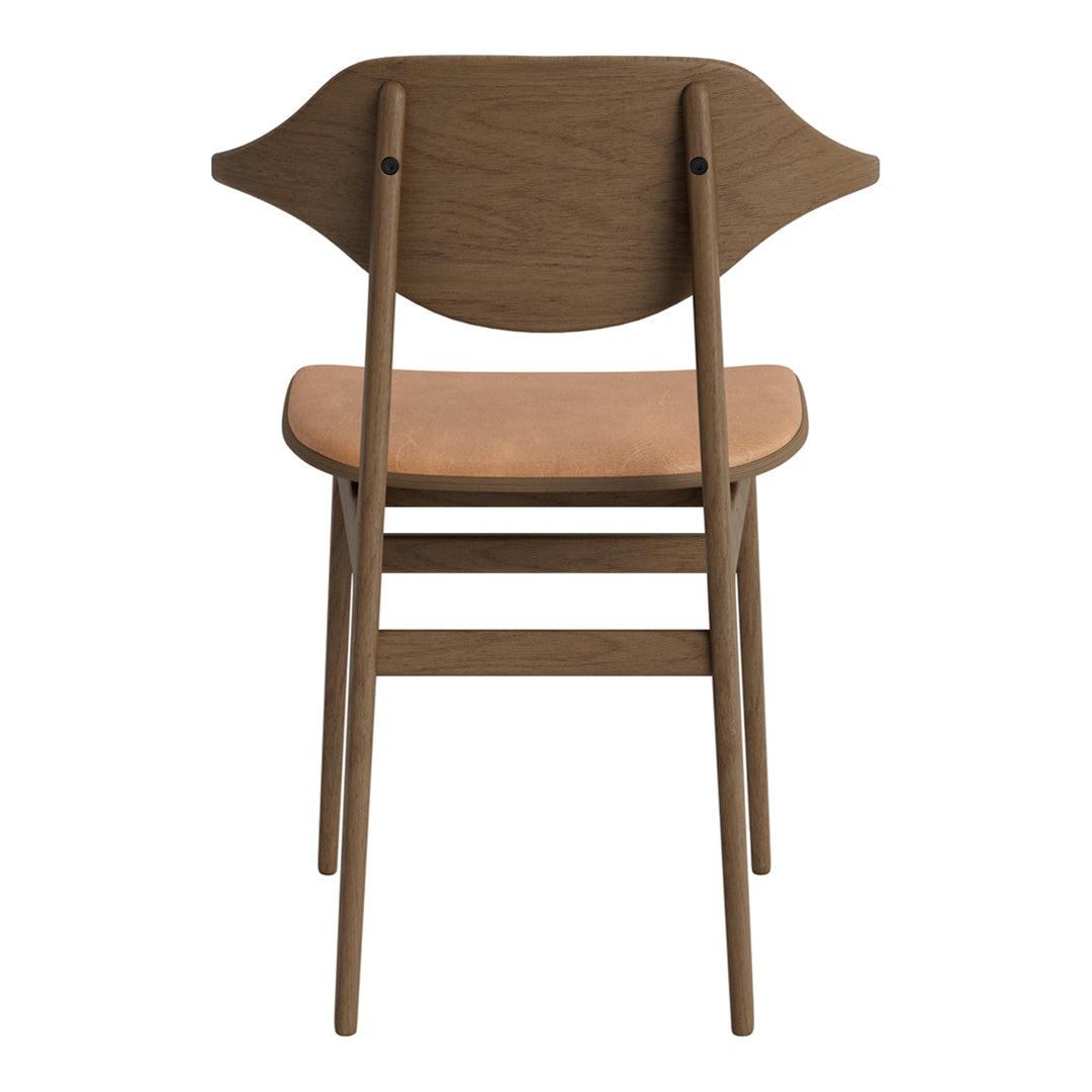 Brown wooden chair with a minimalist design and a light tan seat, showcasing a smooth, natural finish.