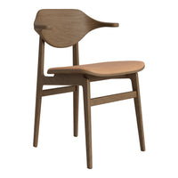 Wooden chair with a warm walnut finish and a smooth tan seat, featuring a minimalist design and curved pattern.