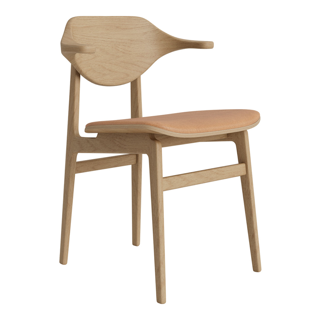 Light wood chair with a smooth, natural finish and a warm, tan leather seat. Sleek, modern design.