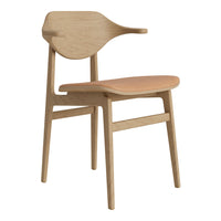 Light wood chair with a smooth, natural finish and a warm, tan leather seat. Sleek, modern design.
