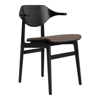 Black wooden chair with a smooth, dark brown seat and elegant, curved backrest design.