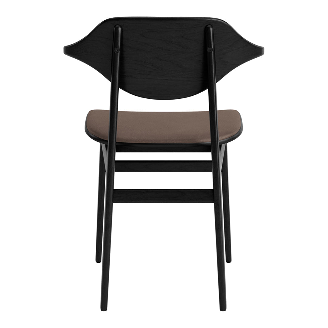 Black wooden chair with a curved backrest and brown upholstered seat, showcasing a sleek, modern design.