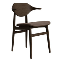 Sleek dark wood chair featuring smooth curves and minimalist design, perfect for modern decor.