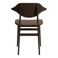 Brown wooden chair with a distinctive curved backrest and a sleek, minimal design. Ideal for modern decor.
