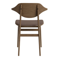Brown wooden chair with a curved backrest and smooth seat, showcasing natural wood grain patterns.