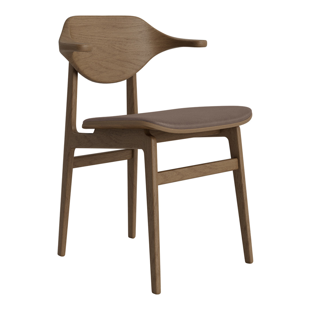 Wooden chair in natural oak finish with a smooth, minimalist design and curved armrest for a modern look.