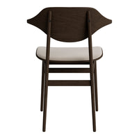 Dark brown wooden chair with a smooth white cushion and elegant, minimalist design. Perfect for modern decor.