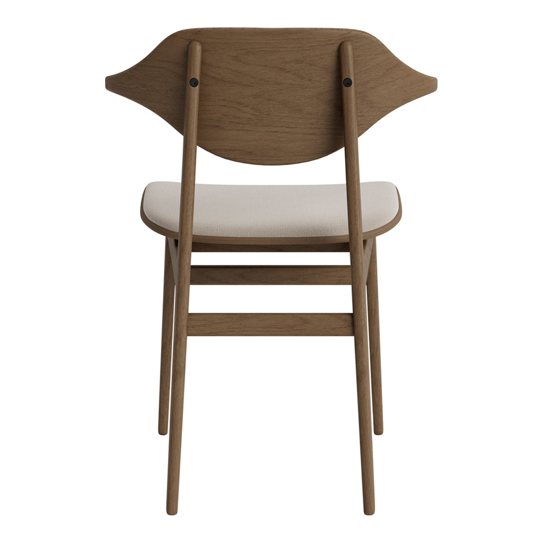 "Light wood chair with curved backrest and cream-colored seat cushion, minimalistic design."
