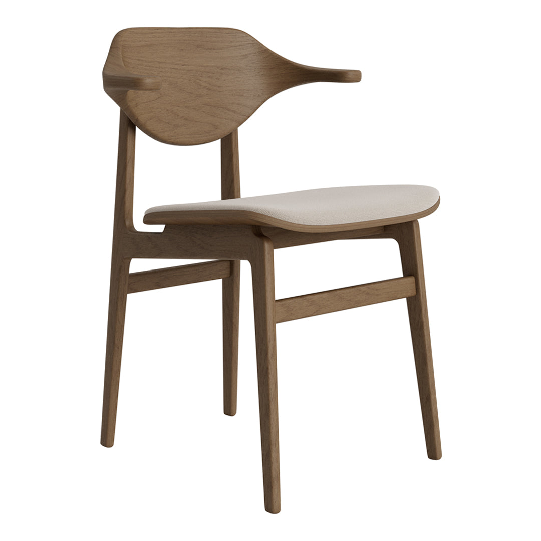 Light wood chair with a smooth natural finish and minimalist design, featuring a curved backrest and a light wooden seat.