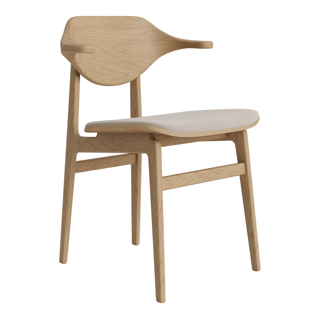 Light oak wooden chair with a minimalist design and smooth, curved lines, featuring a light cream seat.