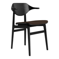 Black wooden chair with a brown seat, featuring a sleek, modern design and minimalistic contours.