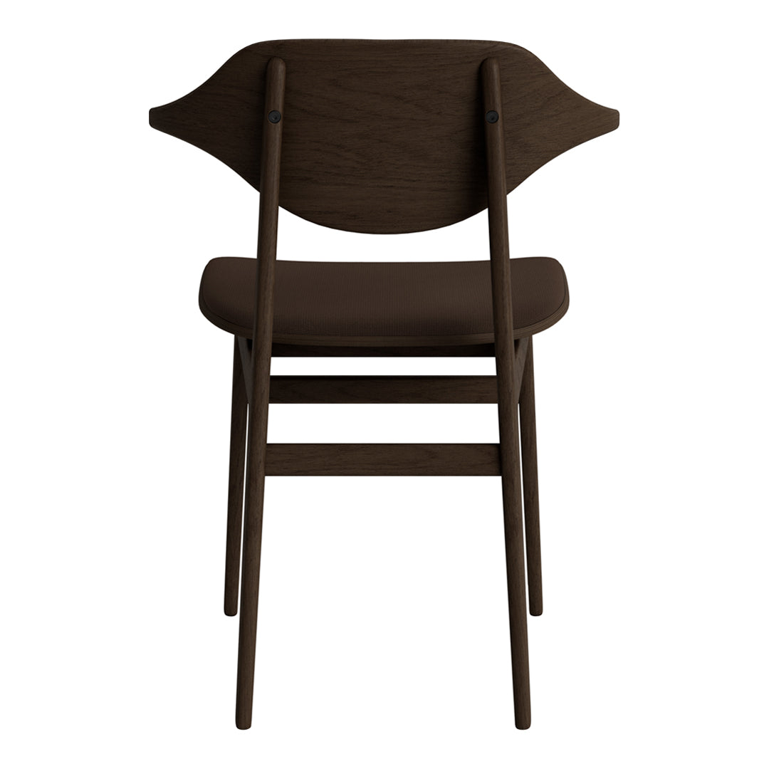 Dark brown wooden chair with a unique, curved backrest and sleek, minimalist design. Perfect for modern decor.