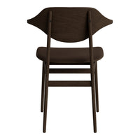 Dark brown wooden chair with a unique, curved backrest and sleek, minimalist design. Perfect for modern decor.