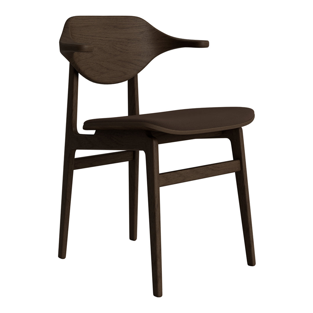 Dark wood chair with sleek lines and a minimalist design, featuring smooth, natural grain patterns.