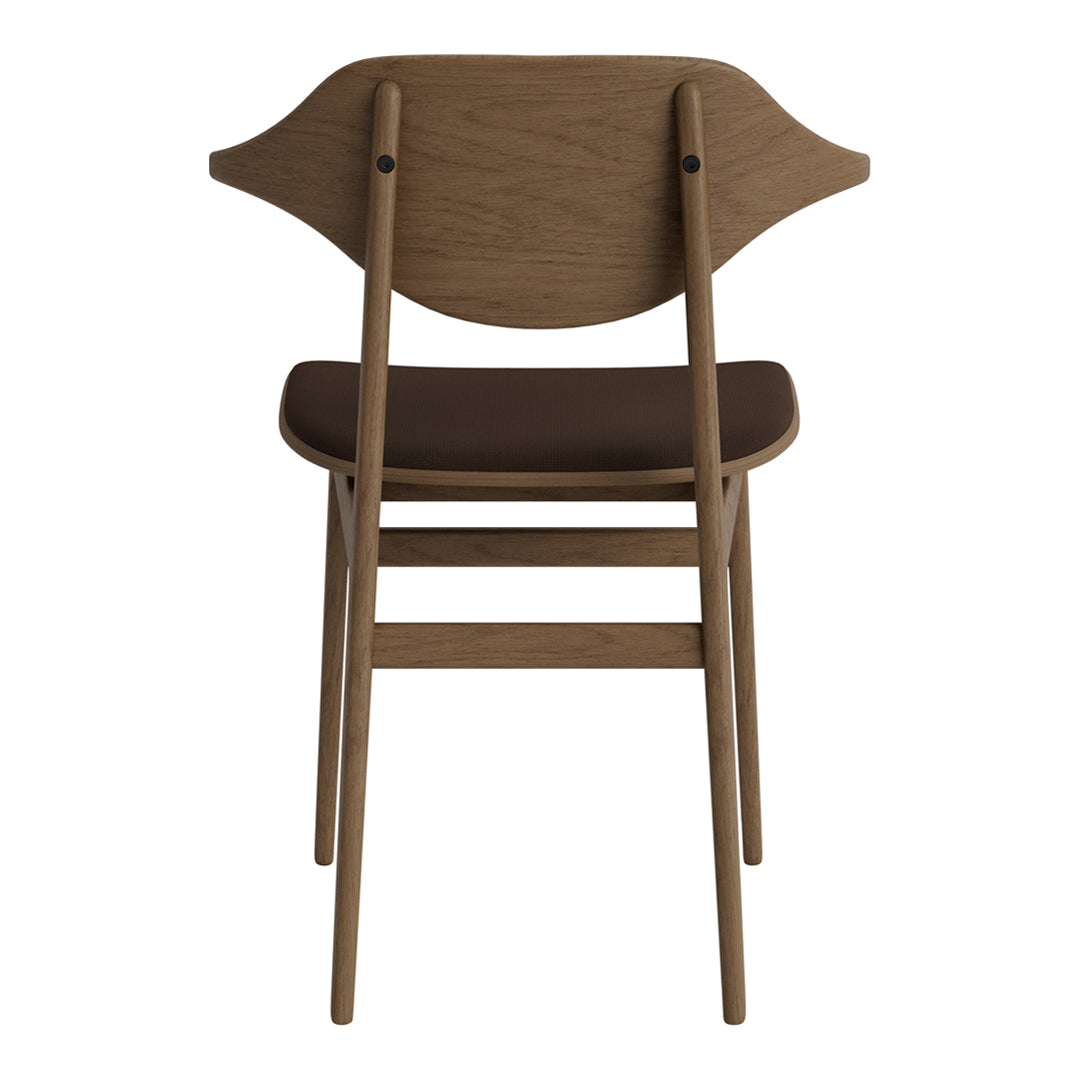 Brown wooden chair with a unique curved backrest and dark brown seat cushion. Stylish and modern design.