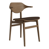 Wooden chair in warm brown tones with a smooth, minimalist design, featuring a contrasting dark seat.