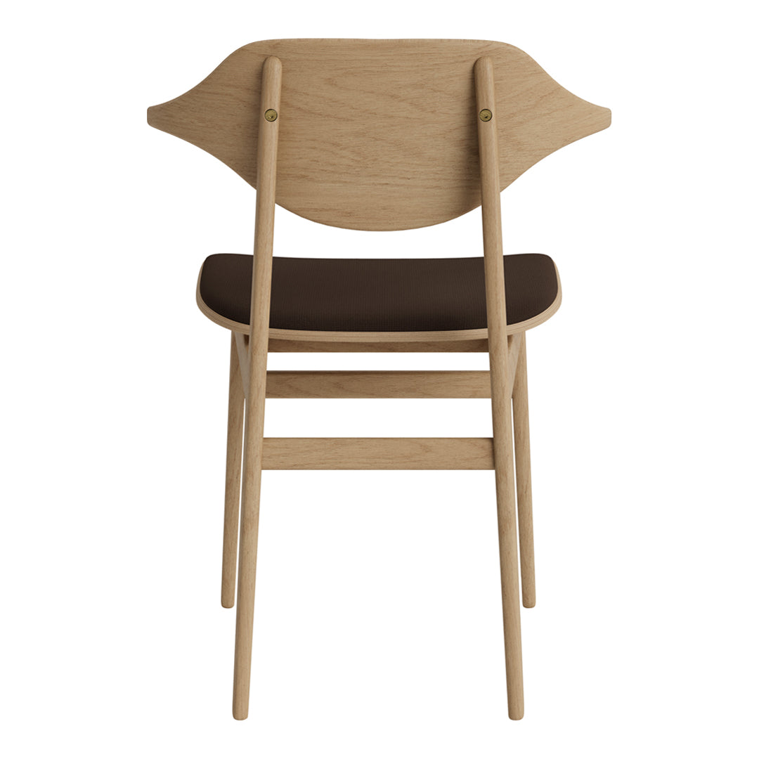 Light oak chair with a curved backrest and dark brown seat cushion, showcasing a modern, minimalist design.