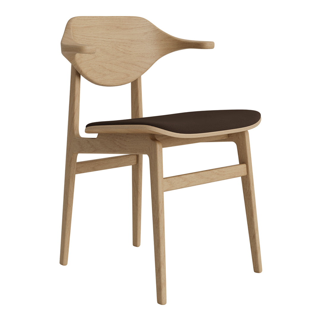 Natural oak chair with a sleek brown seat; minimalist design and smooth curves create a contemporary look.