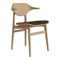 Natural oak chair with a sleek brown seat; minimalist design and smooth curves create a contemporary look.