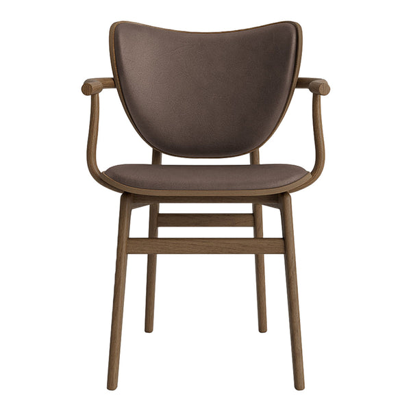 Brown leather dining chair with a smooth finish and a minimalist design, featuring a warm, neutral wooden frame.
