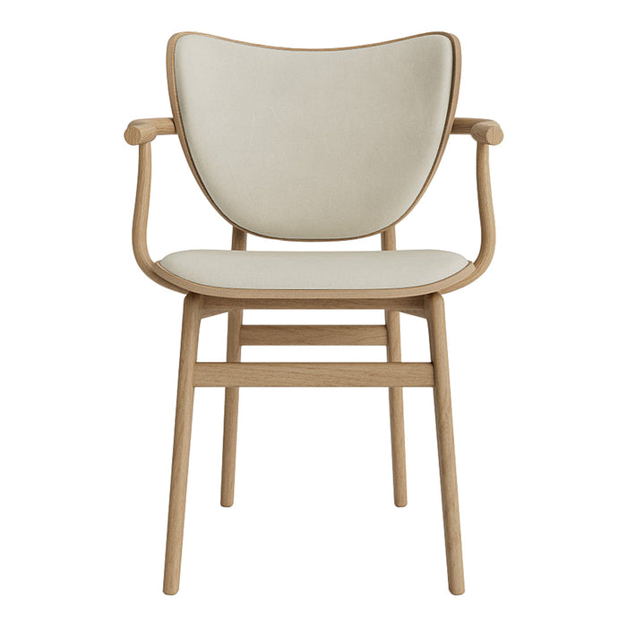 Light beige upholstered chair with natural wooden arms and legs, featuring a minimalist design and smooth, clean lines.
