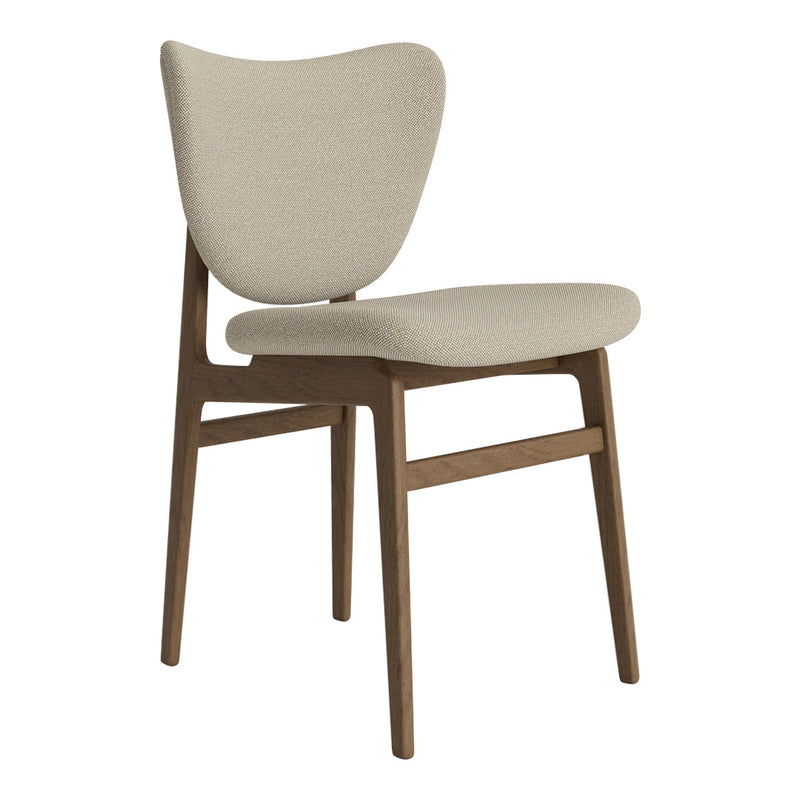 Beige upholstered chair with a curved backrest and wooden legs, featuring a minimalist design and soft, textured fabric.