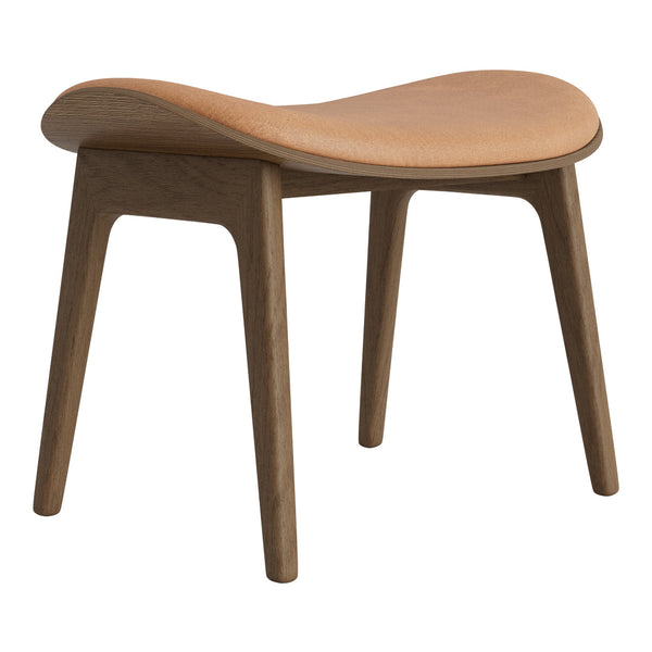 Light tan padded seat with a smooth, curved design on natural wood legs, showcasing an elegant and modern aesthetic.
