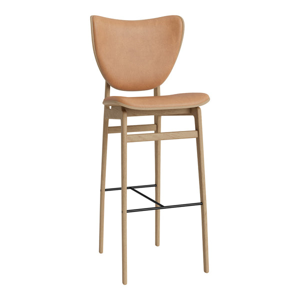 Tan leather bar stool with a sleek beige wooden frame and minimalist design, perfect for modern decor.