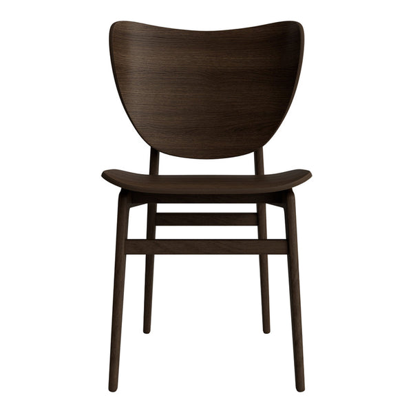 Dark brown wooden chair with a smooth, curved back and minimalist design, showcasing natural wood grain textures.