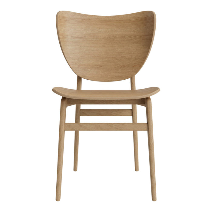 Light oak wooden chair with a smooth, natural finish and minimalist design, featuring curved backrest and straight legs.