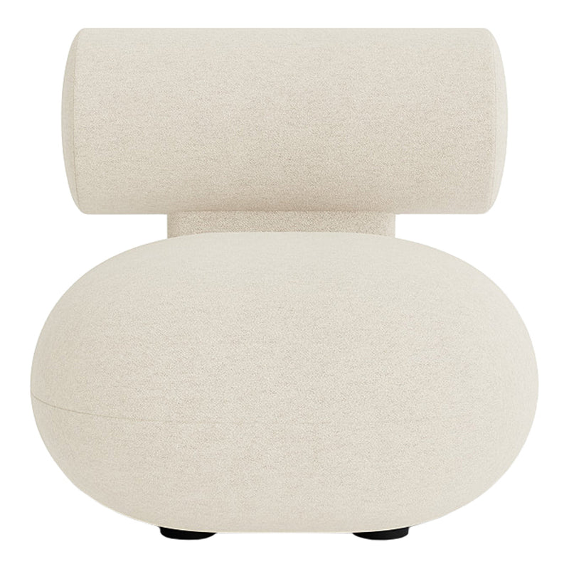 Light beige upholstered chair with a contemporary round shape and unique cylindrical backrest.