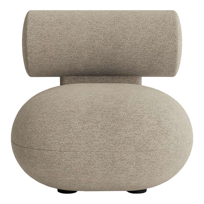 Beige textured accent chair with a unique, rounded design and cylindrical backrest, offering a modern minimalist style.