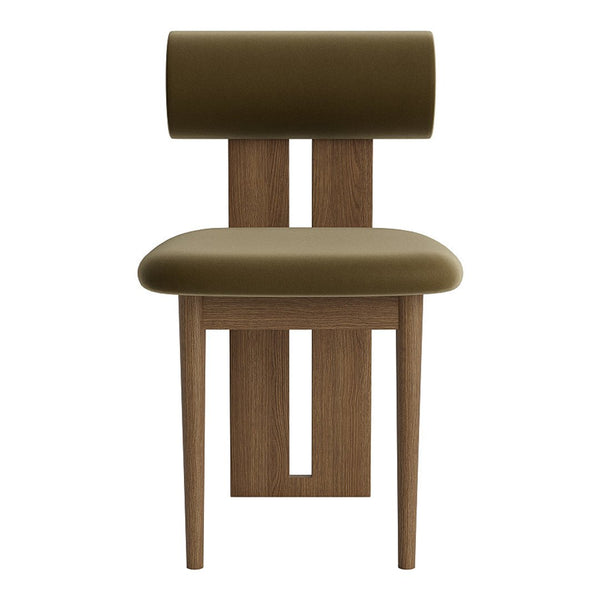 Green upholstered chair with a minimalist wooden frame, featuring a sleek, cylindrical backrest and clean lines.