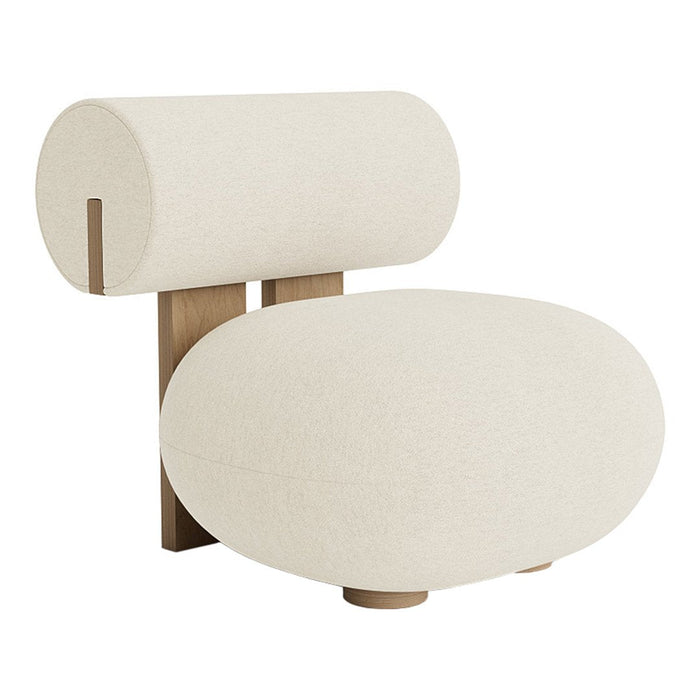 Modern cream-colored chair with smooth, rounded shapes and textured fabric detail, complemented by wooden accents.