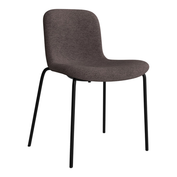 Stylish brown upholstered chair with a smooth texture and sleek black metal legs. Ideal for modern decor.